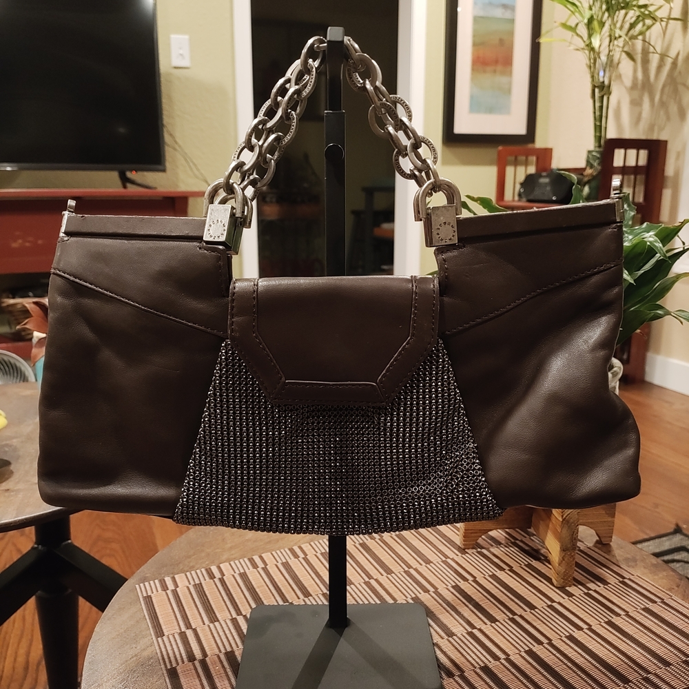 EUC BCBG Max Azria Brown Leather Handbag With Chain And Mesh Detail